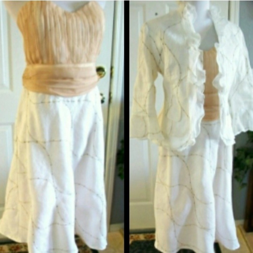 JACQUELYN LOVE Dress SET Linen Silk FORMAL Wedding Ruffle Jacket  WOMENS 8 NWOT